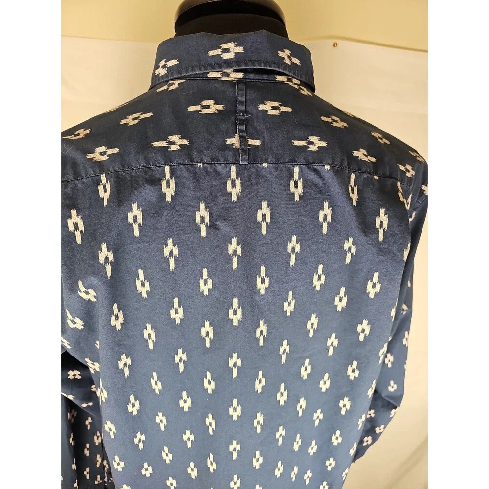 Banana Republic Mens Large Slim Fit Navy Blue Ikat Print Button Down Shirt